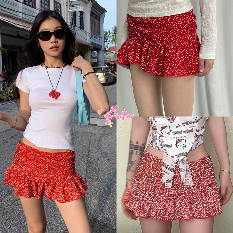 Rita พร้อมส่ง❣️กระโปรงสั้นมินิ🌹Skirt เอวสูง ทรงเอ ดูผอม สีแดง ลายดอกไม้เล็กๆ แฟชั่นผู้หญิง Y2K กระโปรงกางเกง มีซับใน