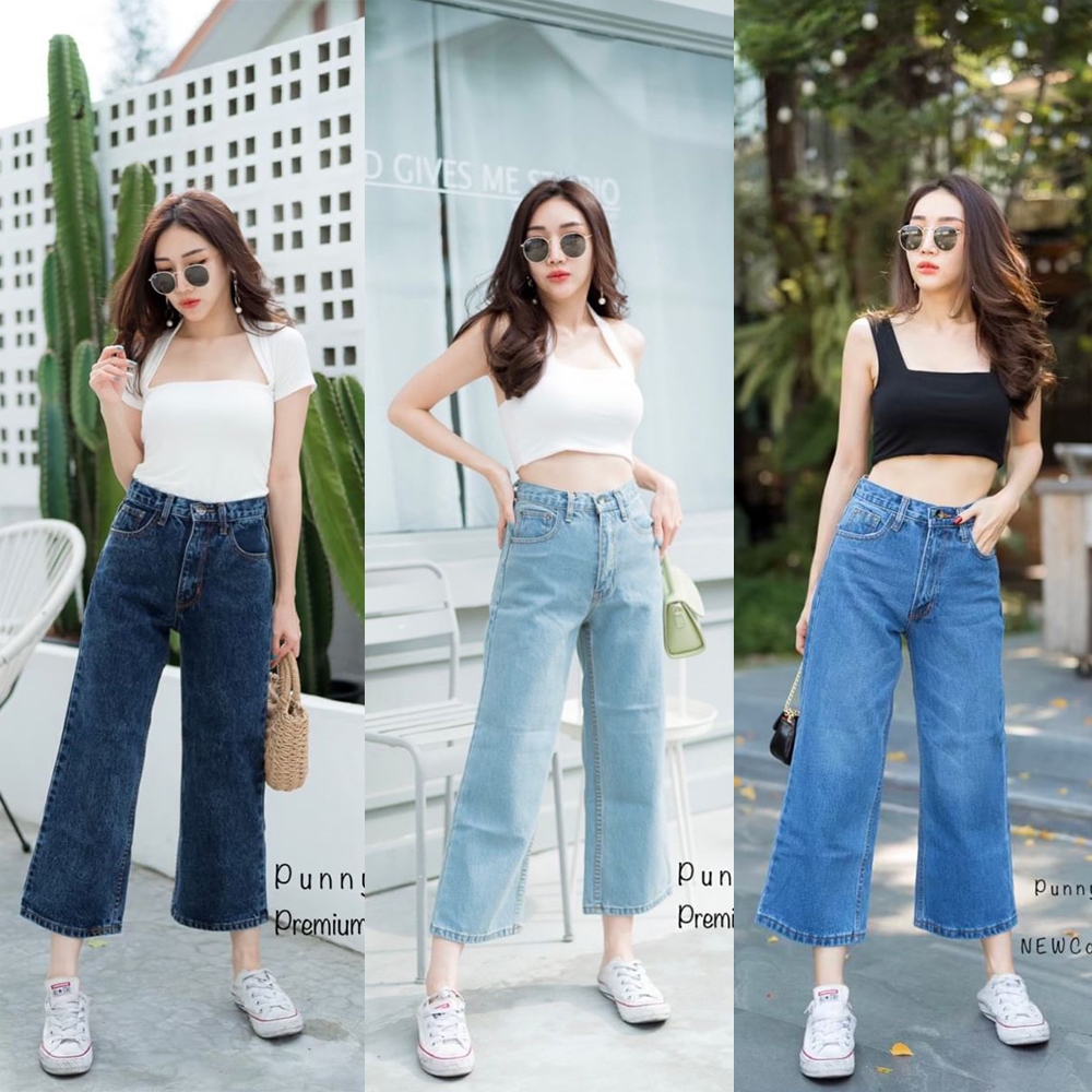 กางเกงยีนส์ทรงกระบอกทรง7ส่วนเอวสูง ขาเต่อผ้าไม่ยืด