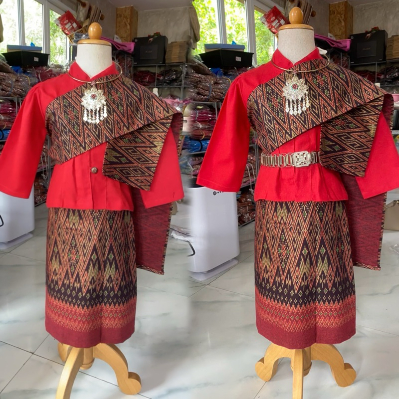 (รหัสTV)ชุดพื้นเมืองเด็กผู้หญิง เด็กภาคอีสาน งาน 3 ชิ้น เสื้อ ผ้าถุง สะไบ  ผ้าผ้าฝ้าย พิมพ์ลาย ใส่แล