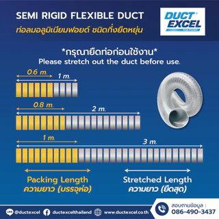 Duct Excel ท่อลมอลูมิเนียมแข็ง กึ่งยืดหยุ่น (Semi Rigid Flexible Duct)+เข็มขัด+ข้อต่อ ขนาด 4, 6, 8, 10, 12 นิ้ว