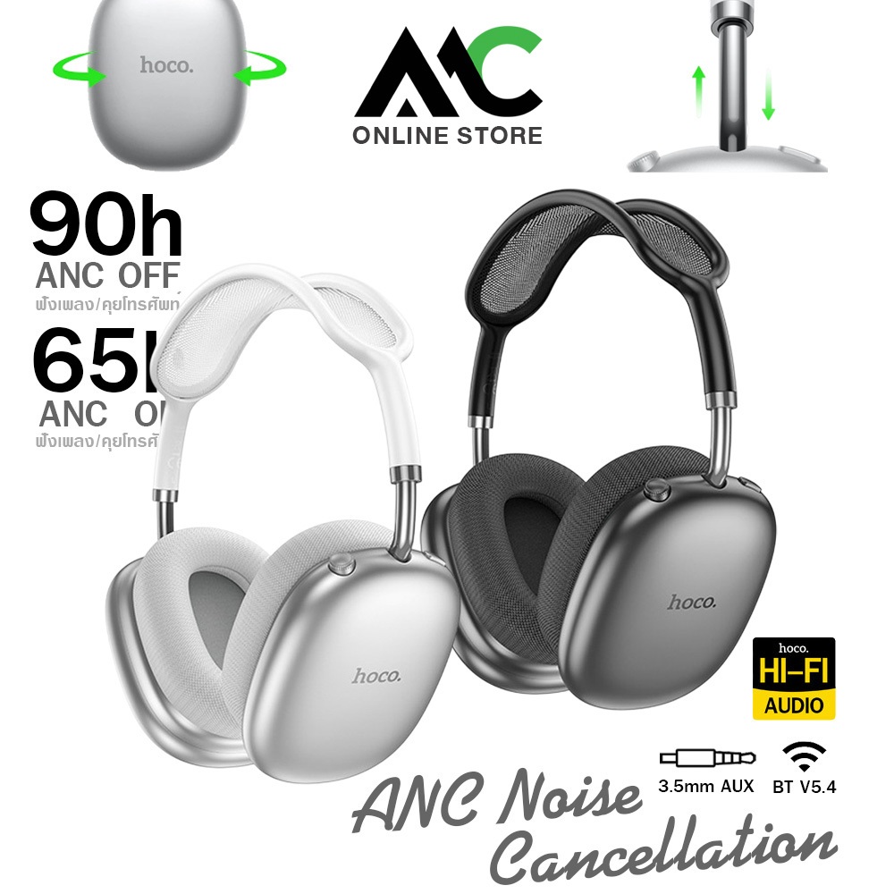 Hoco W55 Plus หูฟังบลูทูธไร้สาย แบบครอบหู ระบบตัดเสียงรบกวน ANC แบตอึด 90 ชม. รองรับ BT5.4 / 3.5mm