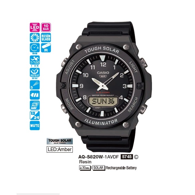 Casio นาฬิกาข้อมือผู้ชาย รุ่น AQ-S820W-1AVDF / AQ-S820W-3BVDF / AQ-S820W-5AVDF Solar Men's Watch ( พลังงานแสงอาทิตย์ ) - รูปที่ 3