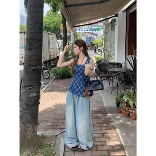 เสื้อแขนกุด คอเหลี่ยม สีกรมลายสก็อต ทรงเอ สไตล์ Retro เว้าหลัง สม็อคยางยืด พรางหุ่น เสื้อครอป #8945