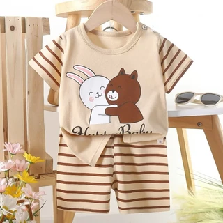 MooDeng Baby ชุด เสื้อแขน+กางเกง เสื้อผ้าเด็ก ลายการ์ตูน น่ารักๆ cotton ขนาด 73-120 ผู้ชาย ลายหมี