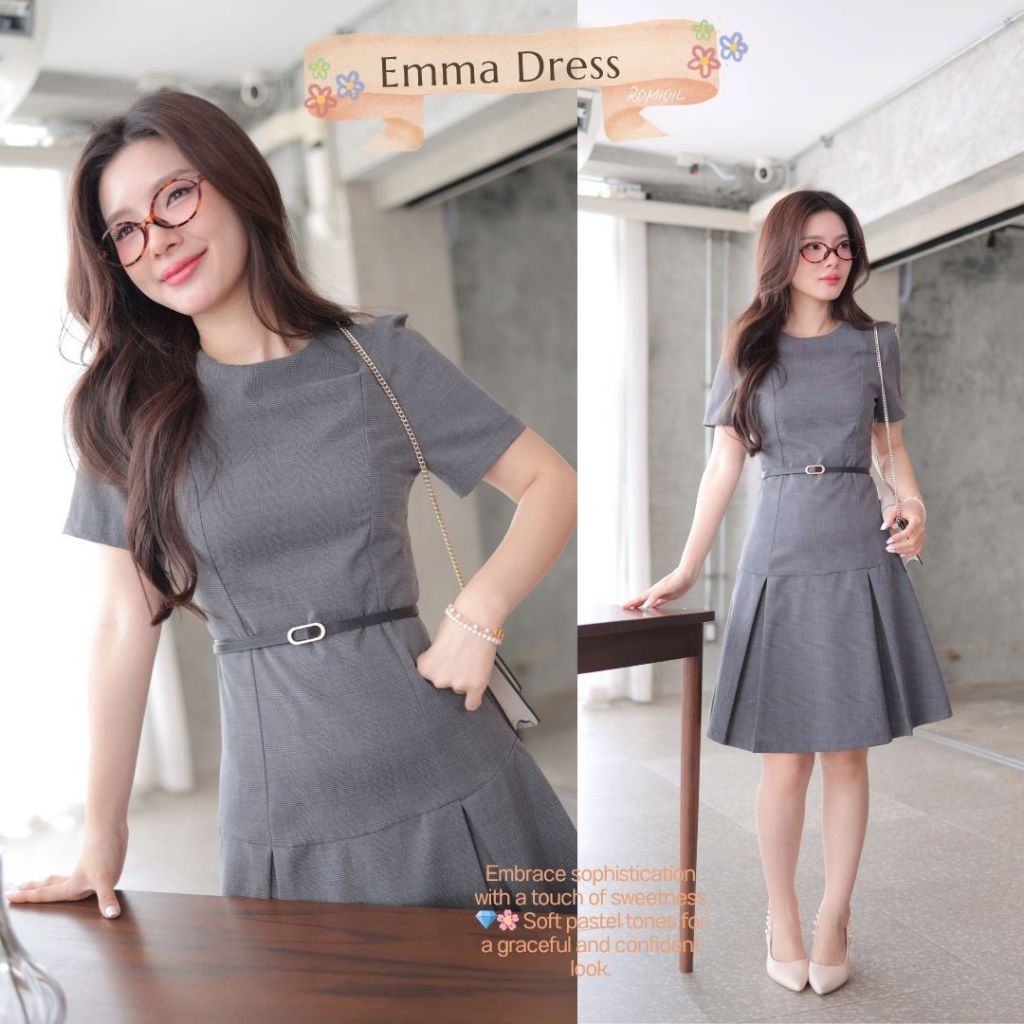 Romi"Oil" Emma Dress (Gray) J524 ชุดเดรสสีเทา (ลายตารางมีเข็มขัด) รุ่นนี้แนะนำตรวจสอบSizeและเผื่อ1Size*