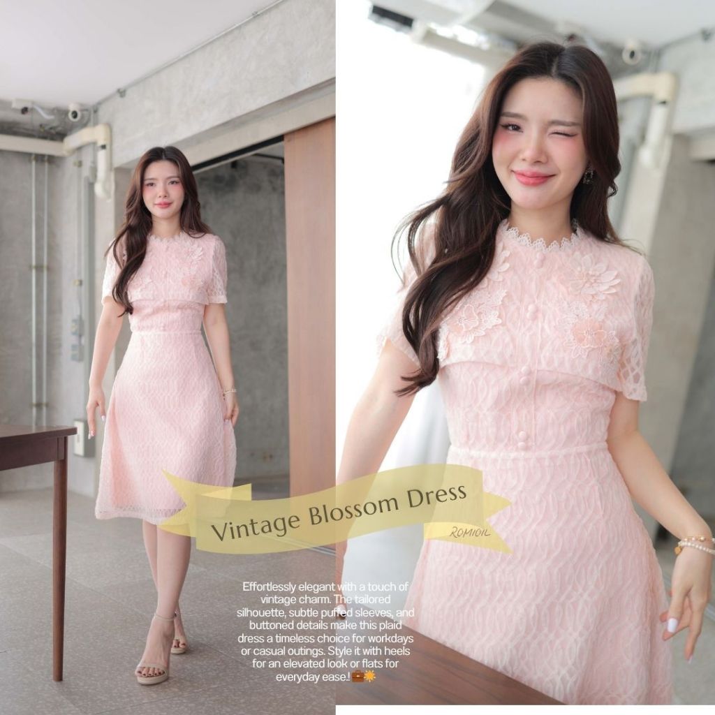 Romi"Oil" Vintage Blossom Dress K122 ชุดเดรสสีชมพูโอรส (ลูกไม้โอรสแต่งดอกไม้)