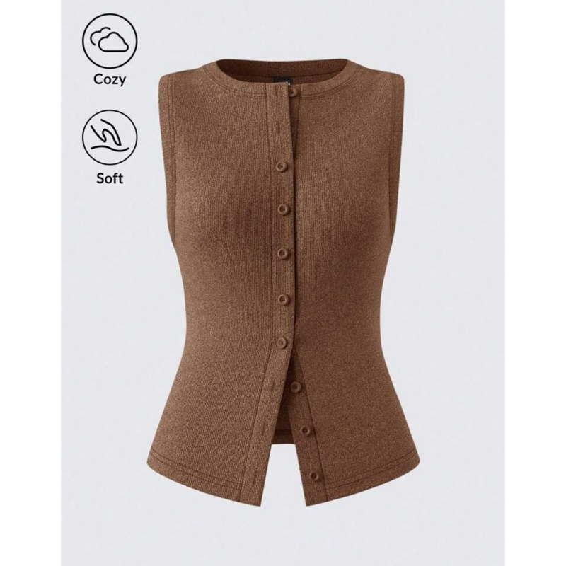 EZshop เสื้อแขนกุดผ้ายืดกระดุมหน้า สีน้ำตาล🇹🇭พร้อมส่ง