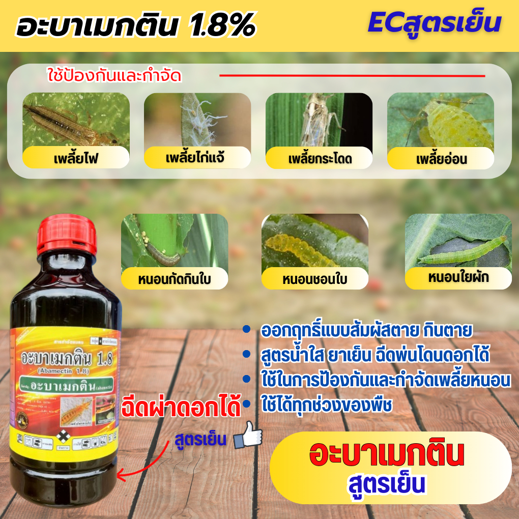 อะบาเมกติน BM ขนาด 1 ลิตร สูตรเย็น น้ำใส กำจัดหนอนชอนใบ เพลี้ยไฟ หนอนใยผัก อะบา