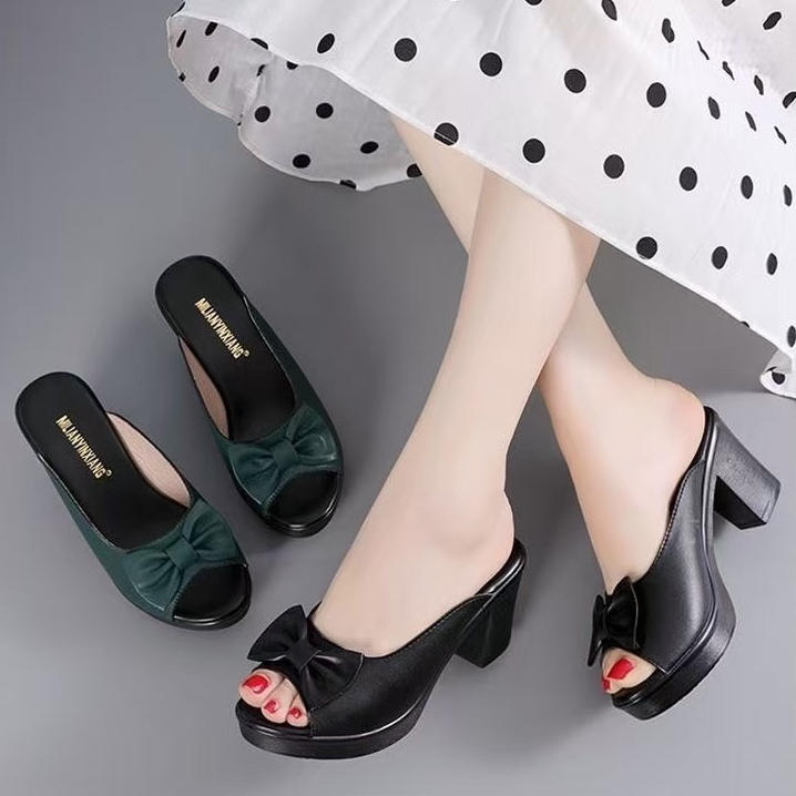 รองเท้าส้นสูงแบบสวมตกแต่งโบว์ มีพร้อมส่ง 2 สี H90