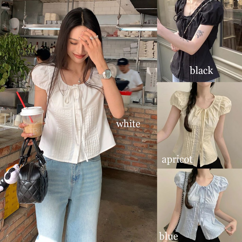 Dahong 💖 เสื้อยืดแขนสั้น  ขาว  เสื้อแขนตุ๊กตา  สีพื้น แฟชั่น เสื้อครอปคอกว้างแ เวอร์ชั่นเกาหลี w569