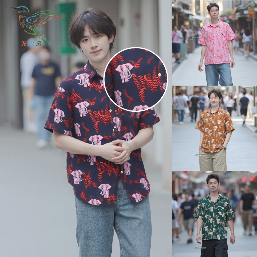 HMB® เสื้อเชิ้ตผู้ชาย เสื้อคอปก แขนสั้น พิมพ์ลายช้าง ลายไทย ผ้าไหมอิตาลี่ เนื้อผ้านิ่ม ทรงโอเวอร์ไซส