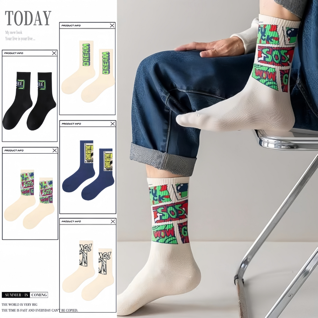 (ได้รับ 2-3 วัน)  จัดส่งจากประเทศไทย~ถุงเท้าข้อสูงลายกราฟฟิตี้ ผลิตจากผ้าฝ้ายแท้ เหมาะสำหรับทั้งชายและหญิง