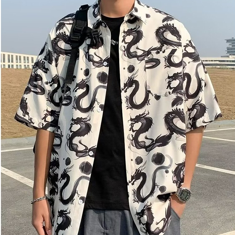 knowyou_เสื้อเชิ้ตสีขาวพิมพ์ลายมังกร ผ้าไหมอีตาลีทิ้งตัวไม่ยับง่าย M-2XL