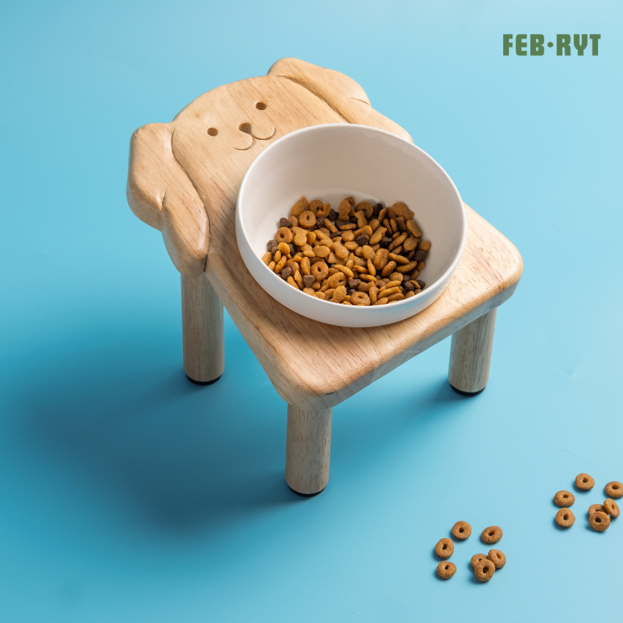 (1หลุม/2หลุม) DOG FACE Wooden Stand with bowl แท่นไม้วางอาหารรูปสุนัข+ชามสัตว์เลี้ยง