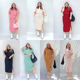 TT18720 Set bigsize 2 ชิ้น เสื้อแขนสั้นแบบครอป  กระโปรงผ่านิ…