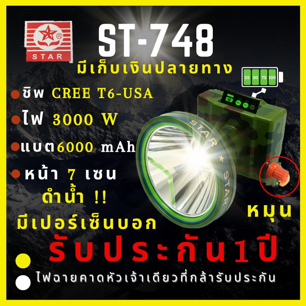 (ประกัน 1 ปี ดำน้ำ) ST- 748 ไฟฉายคาดหัว 3000 W ดำน้ำได้ แบต6,000 mAh รุ่นใหม่ล่าสุด มีสถานะแบตบอกหลอดเลเซอร์ไฟคม