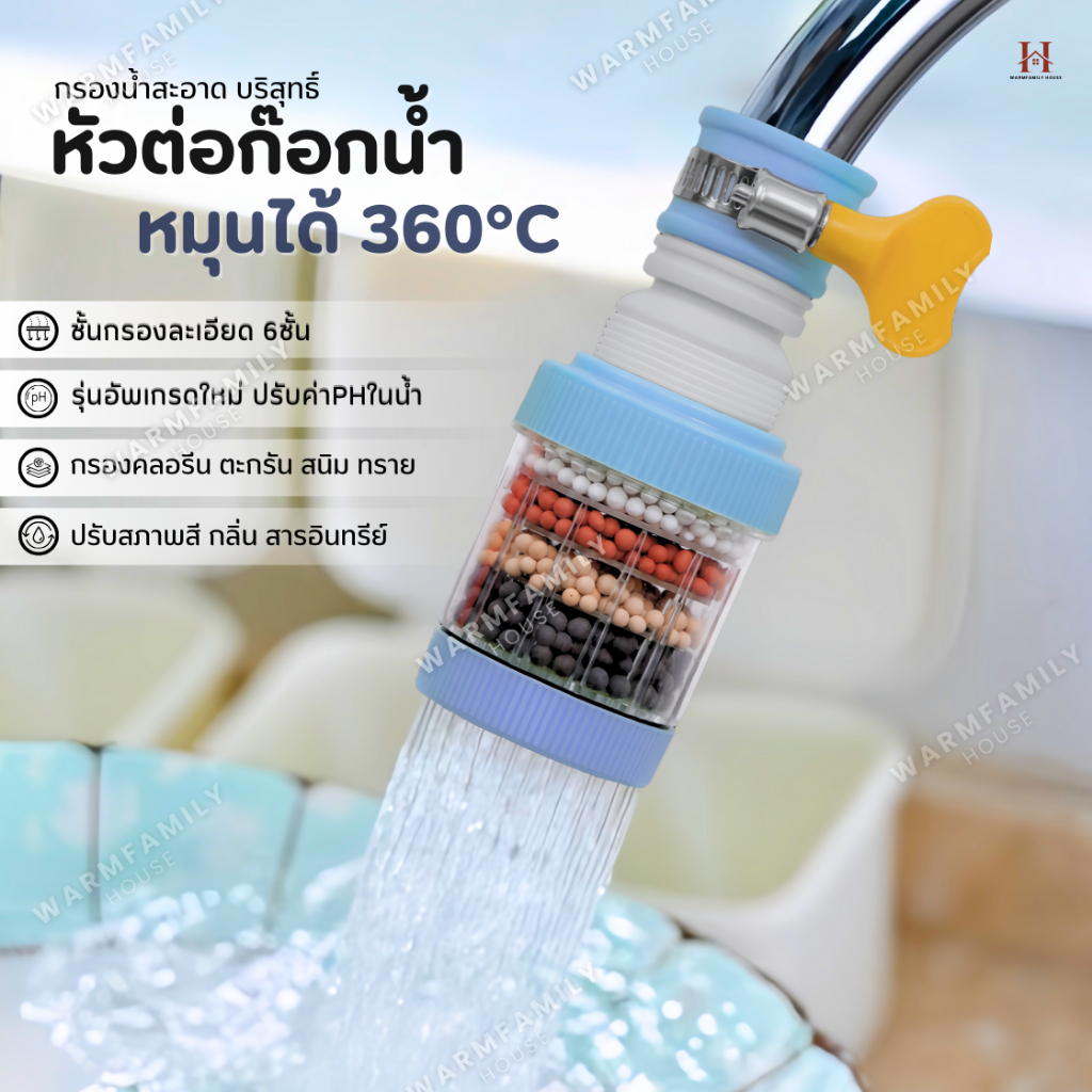 (รุ่นใหม่)หัวต่อก๊อกกรองน้ำ หมุนได้ 360°Cชั้นกรอง 6ชั้น กันน้ำกระเด็น หัวกรองก๊อกน้ำ  ที่กรองน้ำ  หั