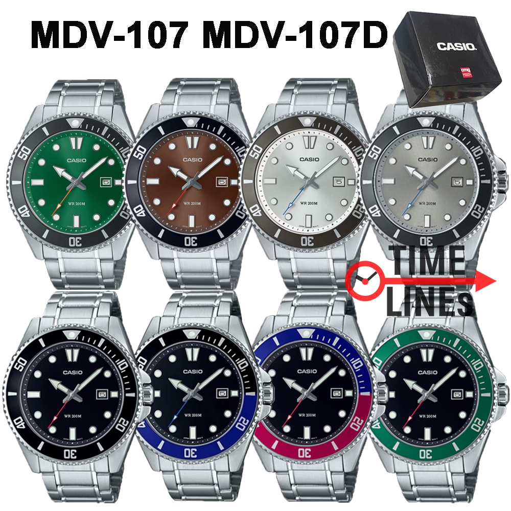 !!ประกัน1ปีและกล่อง CMG!! CASIO ของแท้ รุ่น MDV-107 MDV-107D Duro 200 เรือนสแตนเลสสตีล นาฬิกาผู้ชาย 