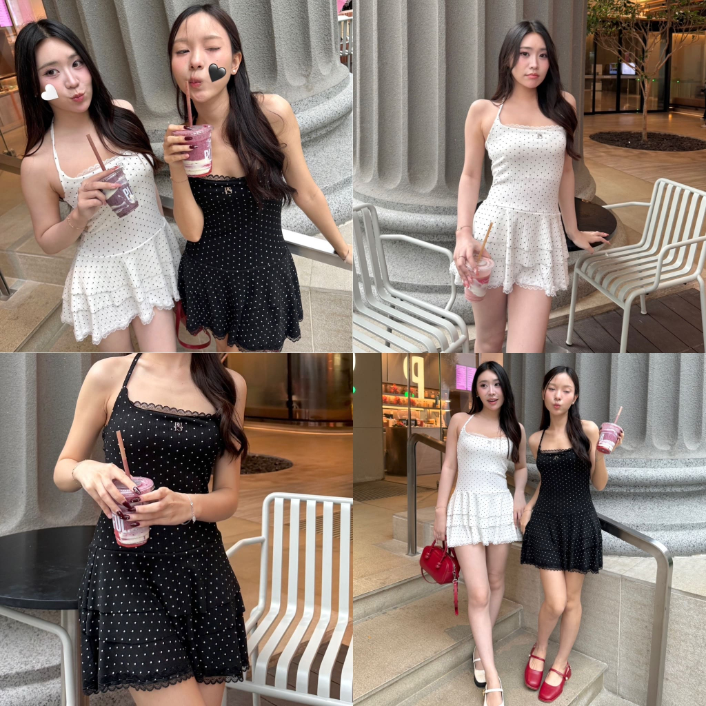 polka dot dress - มี3 สี เดรสคล้องคอลายจุด ติดอะไหล่เหล็ก น้องน่ารักมากจริงๆ ต้องมีนะคะ