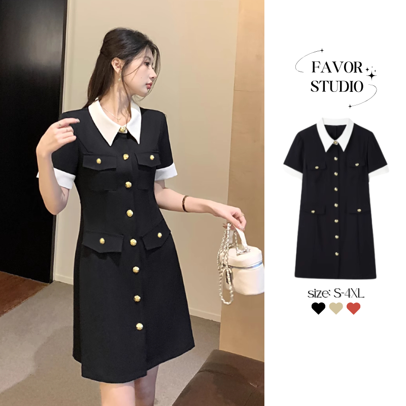 [S-4XL] เดรสสไตล์ฝรั่งเศส ทรงสูท คอปก แต่งกระดุม เรียบหรู เหมาะสำหรับใส่ทำงาน เดรสสาวอวบ พลัสไซซ์