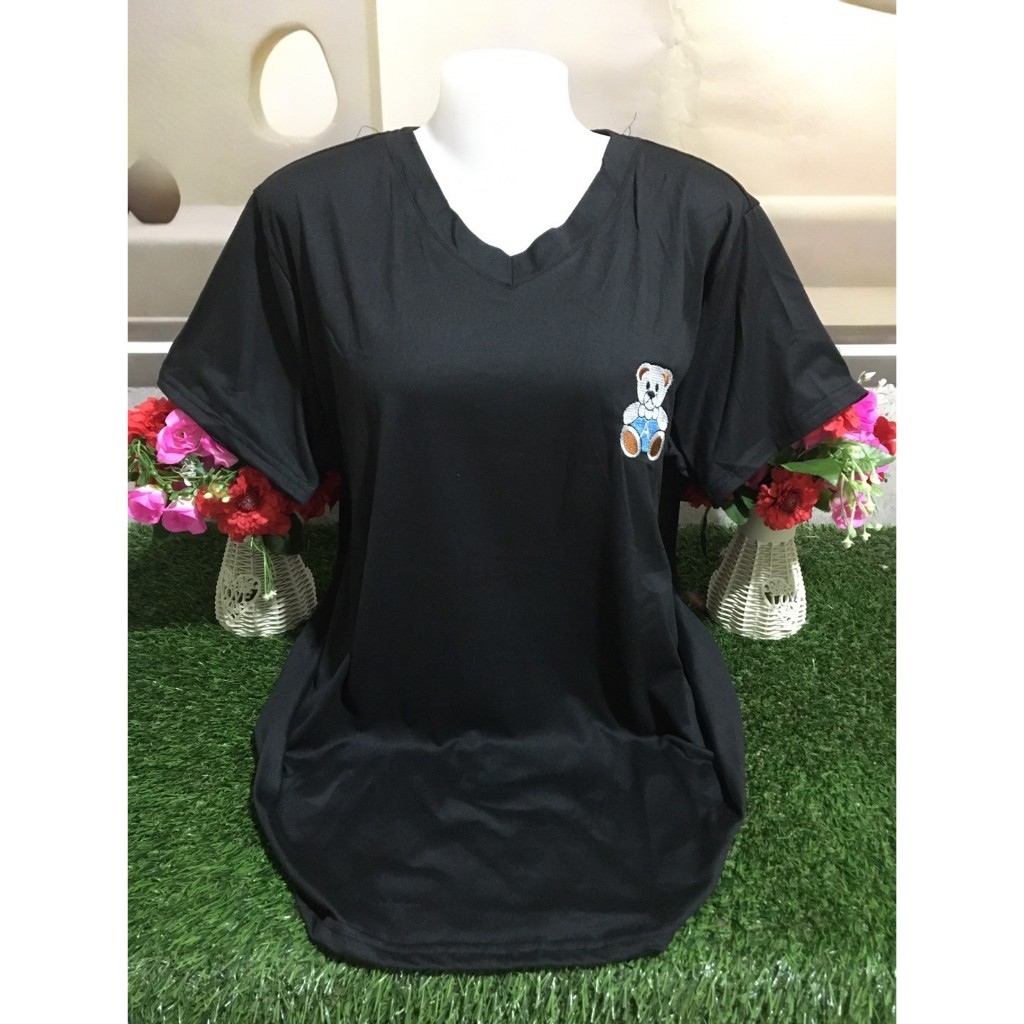 เสื้อยืดผู้หญิง เสื้อสีดำ เสื้อผ้าสาวอวบ แขนสั้น คอวี รอบอก 48-50นิ้ว ลายปักการ์ตูน  รุ่น1589-หมี
