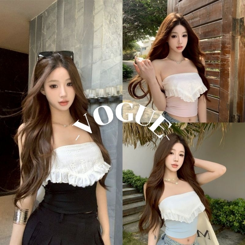 Vogue🌟พร้อมส่ง🌟 เสื้อเกาะอกไหมพรม สไตล์เกาหลี ทรงรัดรูป (Y0917)