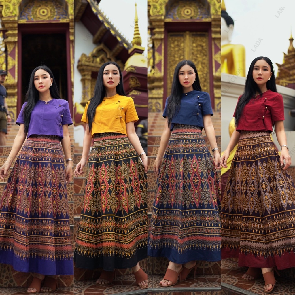 เซ็ทเสื้อไตกับกระโปรงทรง6ชิ้นลายมัดหมี่ 4 สีมาใหม่