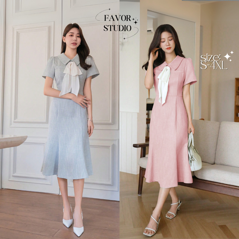【S-4XL】 เดรสยาว สไตล์สาวออฟฟิศทำงาน เรียบหรูดูแพง ผูกโบว์สไตล์เกาหลี ทรงเข้ารูป เรียบหรู ใส่ออกงาน