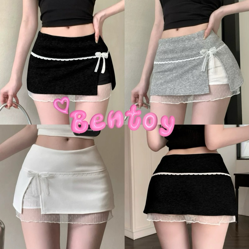 Bentoy(B60)กระโปรงทรงเอ ดีเทลผ่าข้างแต่งด้วยลูกไม้อีกชั้น มีกางเกงซับใน ไม่โป๊ สาวหวาน น่ารัก