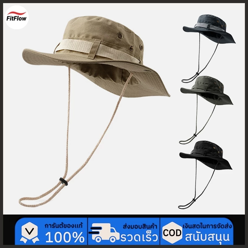 หมวกบักเก็ต เดินป่า กันแดด มีกระดุมและสายคล้องคอ