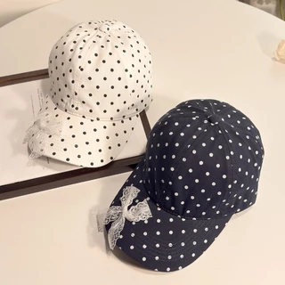 🎀( 6 สี )หมวกเบสบอลลายจุดโบว์ลูกไม้สไตล์เกาหลี🎀 หมวกเบสบอลป้องกันแสงแดดแบบใหม่ รอบศีรษะขนาดใหญ่
