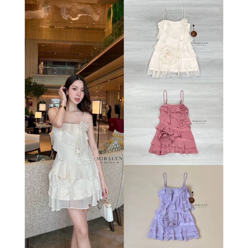 Miralyn มินิเดรสสายเดี่ยวสีพาสเทลสายปรับได้ดีเทลแต่งระบายเป็นชั้นๆ
