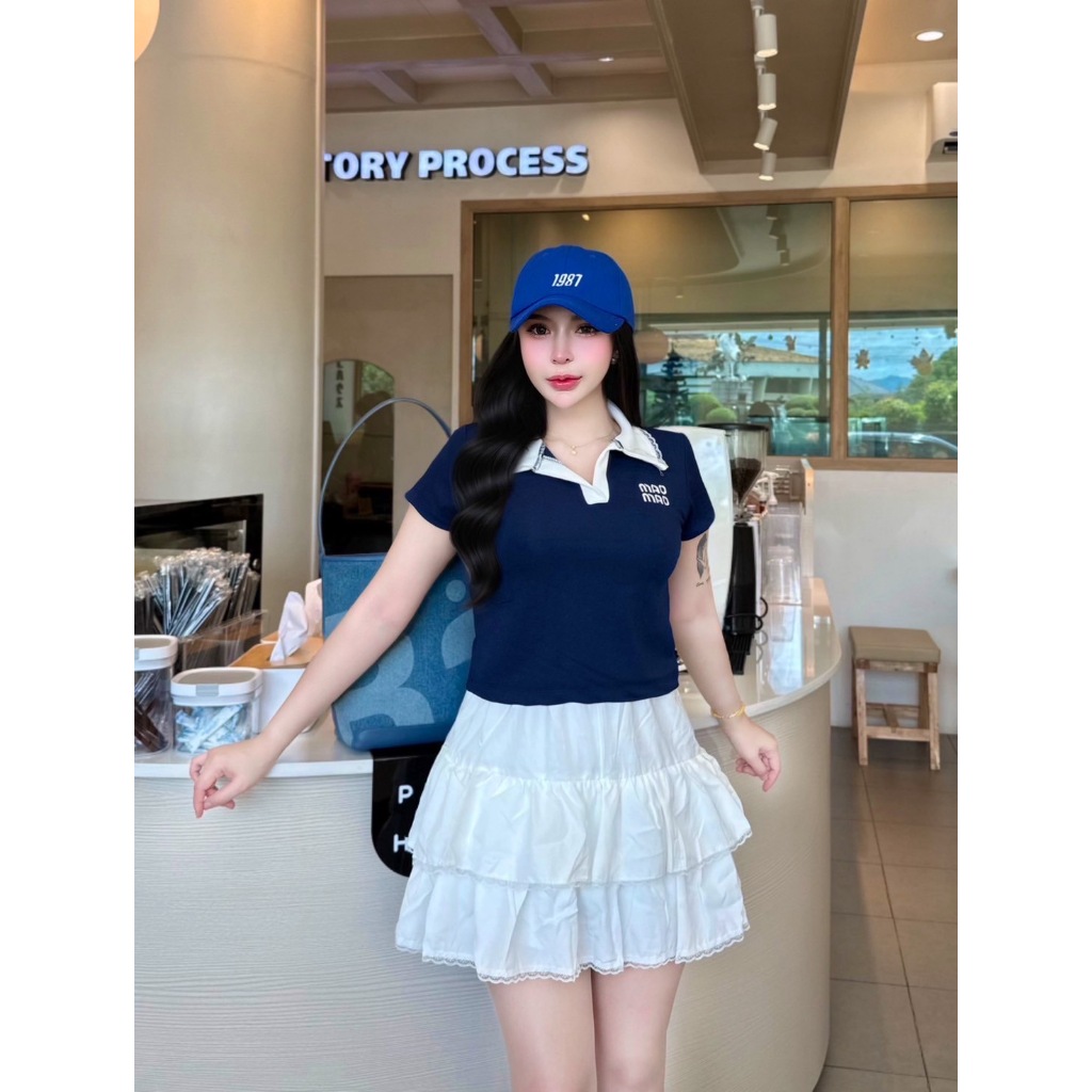 R18 เซ็ตเสื้อยืดคอปกmao+กระโปรง น่ารักเวอร์ชั่นเกาหลี