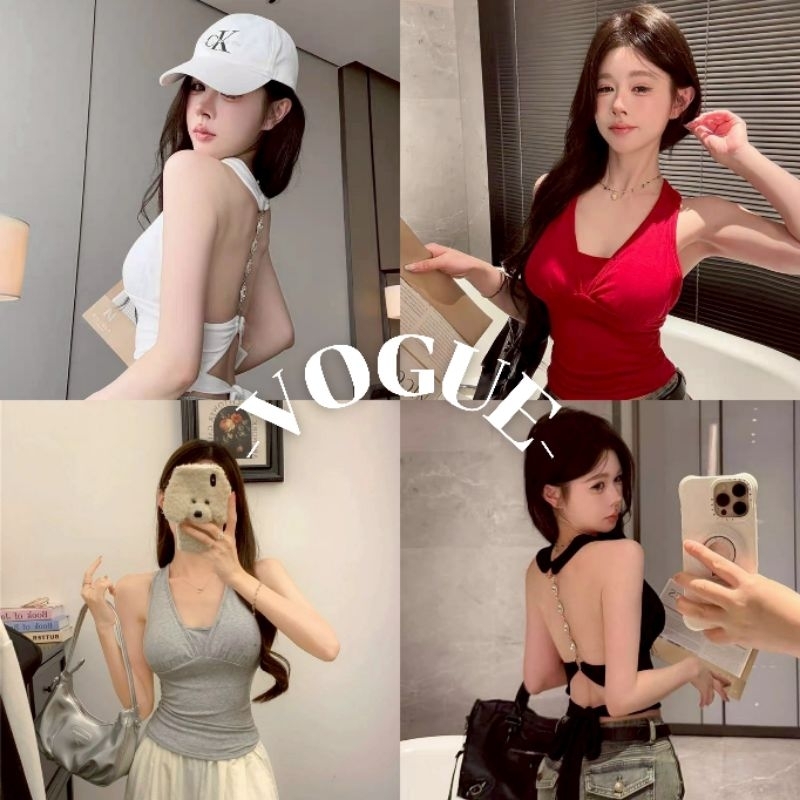Vogue🌟พร้อมส่ง🌟 เสื้อคล้องคอ มีฟองน้ำในตัว ดีเทลเว้าหลังสีพื้น (FY10112)