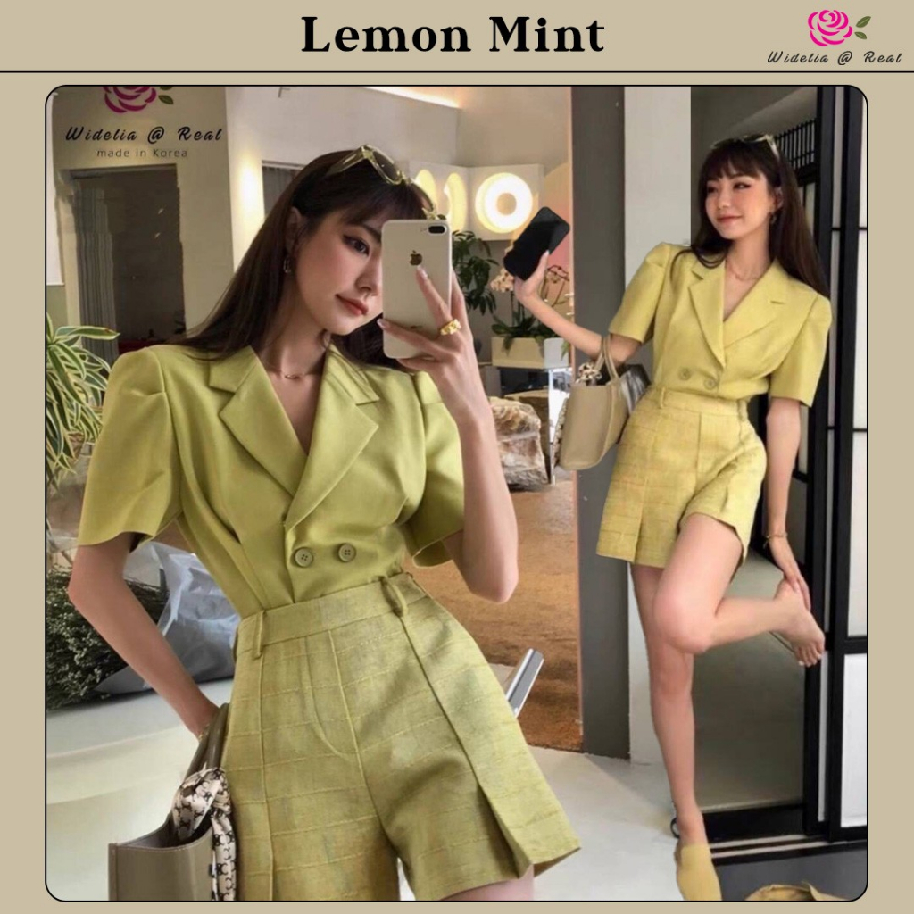 Lemon Mint Set เสื้อแขนสั้นตัวสวยทรงดี ตัวเสื้อคัตติ้งสวยทรงดี คอปกเก๋ แต่งกระดุมสวยดูดี เป็นบอดี้สูท