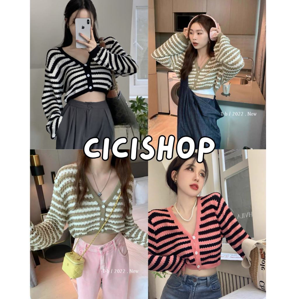 SALE 8.8 Cicishop(6A72)เสื้อครอปแขนลายทางแต่งกระดุม3เม็ด ลายฉลุไหมพรมยืดได้เยอะใส่คลุมใส่เดียวก็ปังสุดๆ