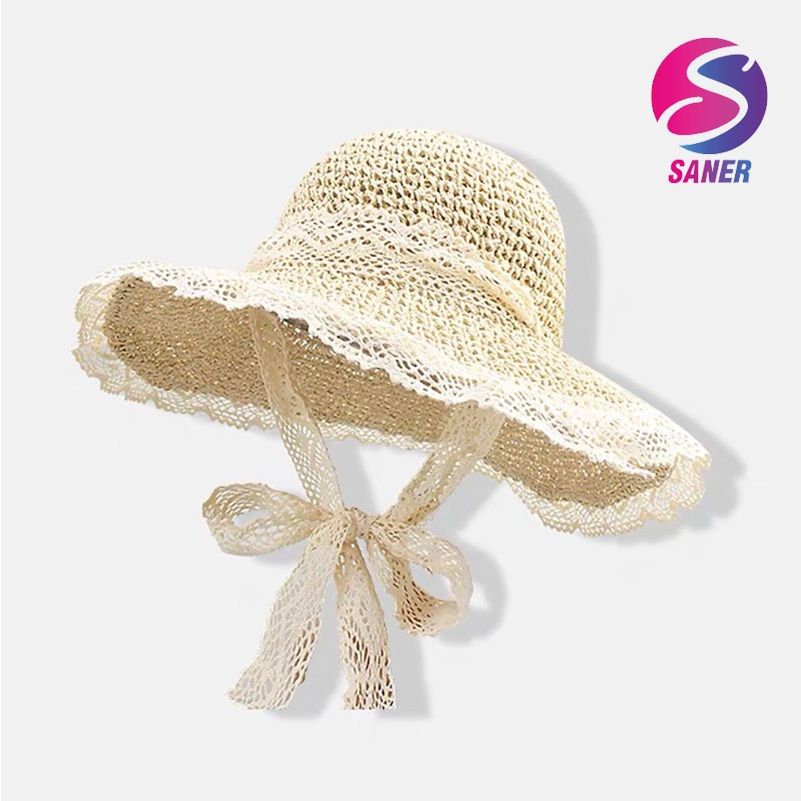 หมวกฟางเชือกถัก แต่งลูกไม้ กันลม สไตล์ เกาหลี เหมาะกับเดินชายหาด แฟชั่นฤดูร้อน สำหรับผู้หญิง