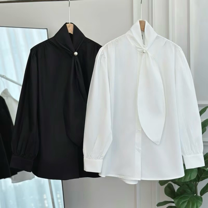 พร้อมส่ง‼️ GMG เสื้อแขนยาว ผ้าคอตตอนพรีเมี่ยม เสื้อคอปกกระดุมมุก แขนพอง แต่งดีเทลเนคไท