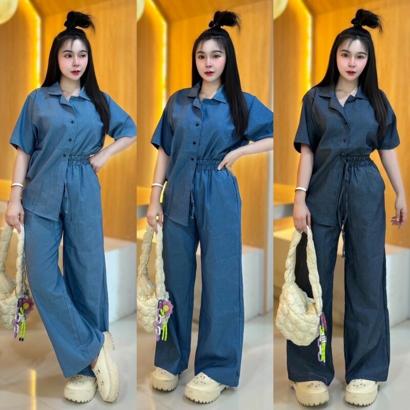 TT20532 set 2 ชิ้น เสื้อคอปก แขนสั้น กระดุมผ่าหน้า  กางเกงขายาว ผ้ายีนส์