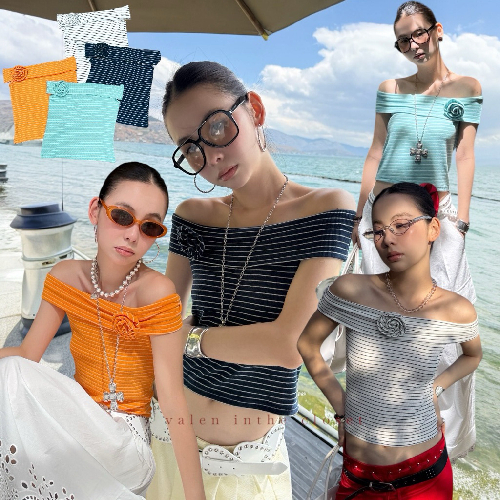 ส่งด่วน 🛵 25T256 MMFISH 𝗢𝗙𝗙 𝗦𝗛𝗢𝗨𝗟𝗗𝗘𝗥 𝗥𝗢𝗦𝗘 𝗦𝗧𝗥𝗜𝗣𝗘 𝗧𝗢𝗣 ! เสื้อปาดไหล่ลายทางใส่คู่กับเข็มกัดดอกกุหลาบ