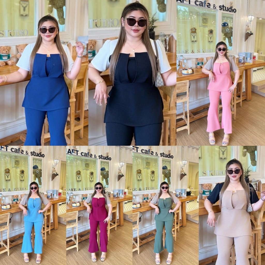 NL-S3S1🌹 ชุดเซ็ทขายาว คอเหลี่ยมทูโทน  ผ้าวูลเวฟทรงสวย ใส่สบายยืดเยอะ