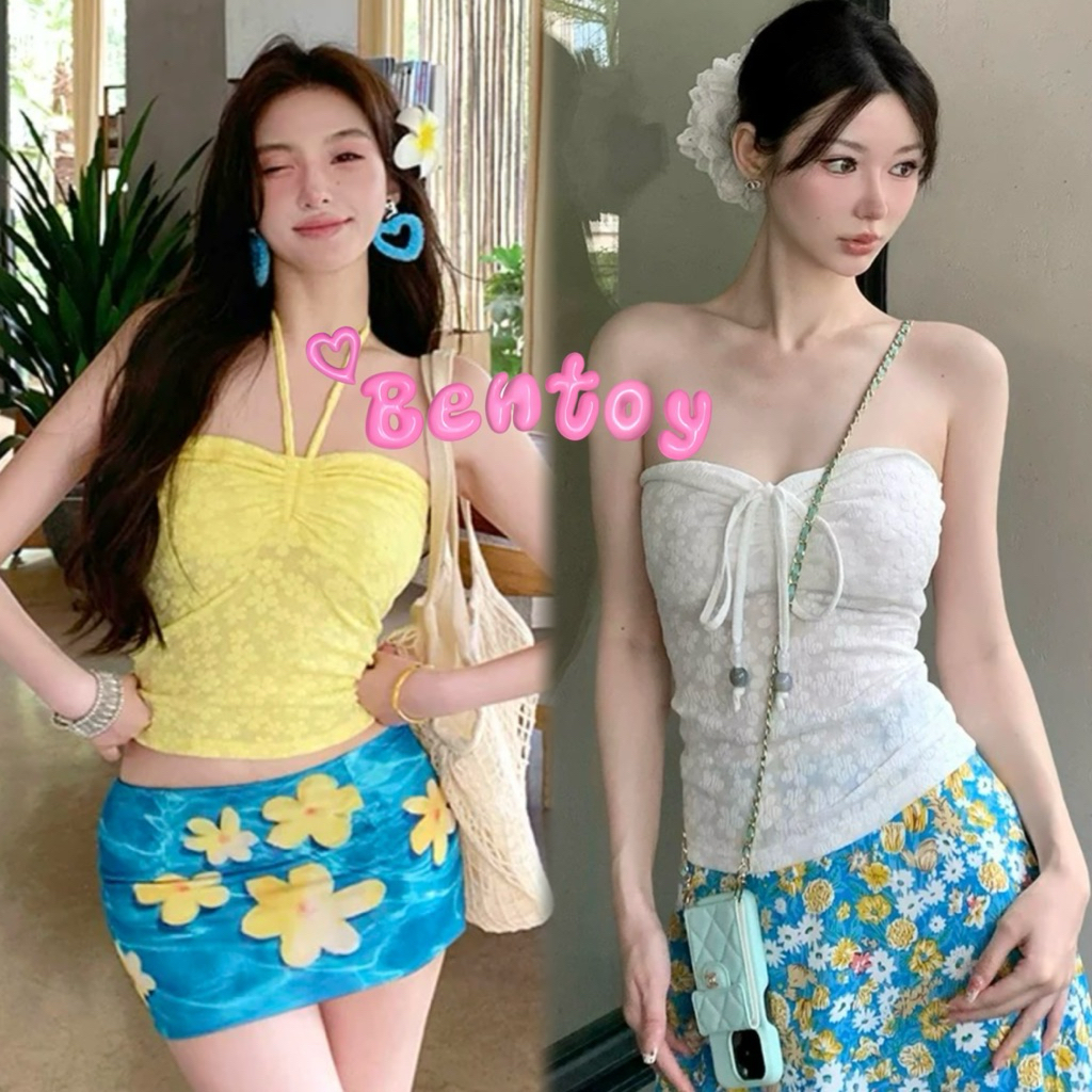 Bentoy(bratop882)เสื้อเกาะอกลายลูกไม้ ฟองน้ำในตัว ใส่ได้สองแบบ สายห้อยคอหรือผูกหน้า ใส่กับกระโปรงเลิศมาก