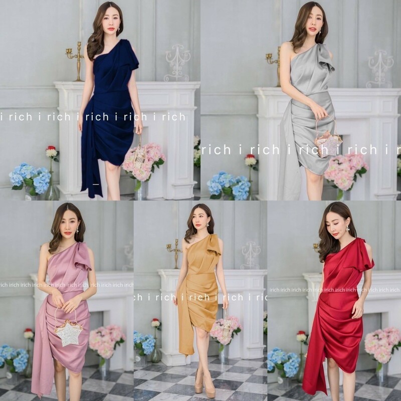 TT20667 เดรสไหล่เบี่ยง ชุดออกงาน งานซิปข้าง ผ้าซาร่าเงา ชุดนี้ใส่ออกมาสวย