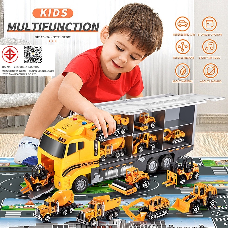 🚚รถของเล่น รถบรรทุก รถดับเพลิง ของเล่นเด็กรถบรรทุกตู้คอนเทนเนอร์ขนาดใหญ่ แถมโมเดลรถดับเพลิง6คัน สำหรับของขวัญเด็ก