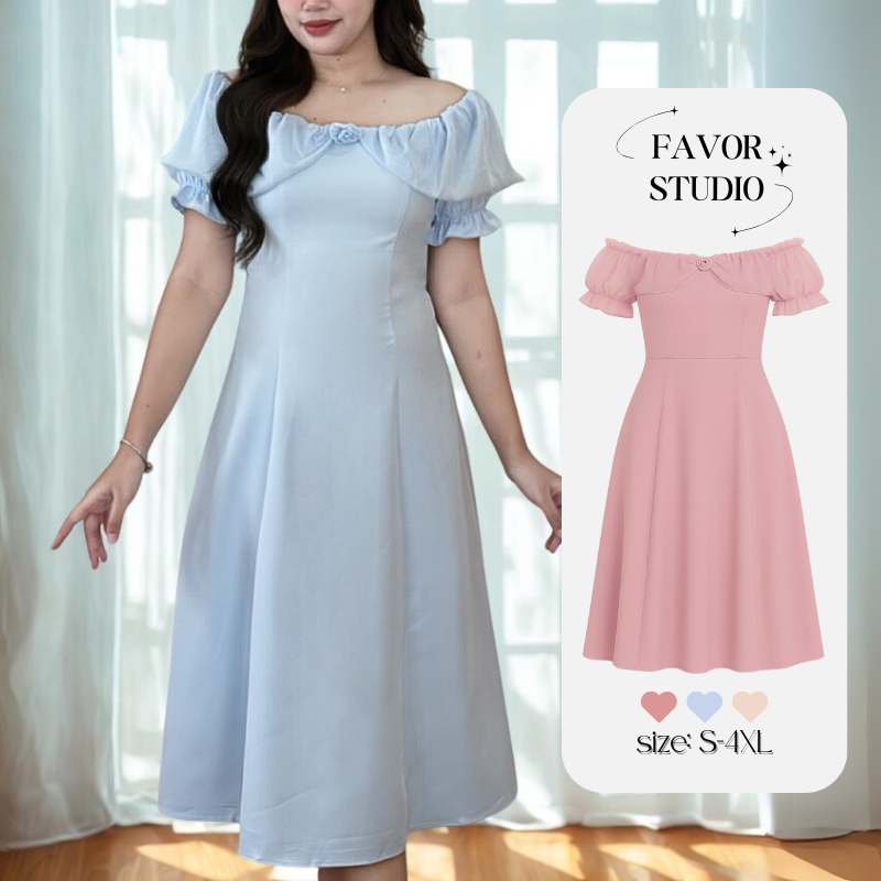 【S-4XL】 เดรสยาว ปาดไหล่ ดีเทลเข็มกลัดดอกไม้ ระบายพองฟูรอบคอสไตล์เจ้าหญิง ทรงเอไลน์ ใส่ออกงาน งานแต่ง