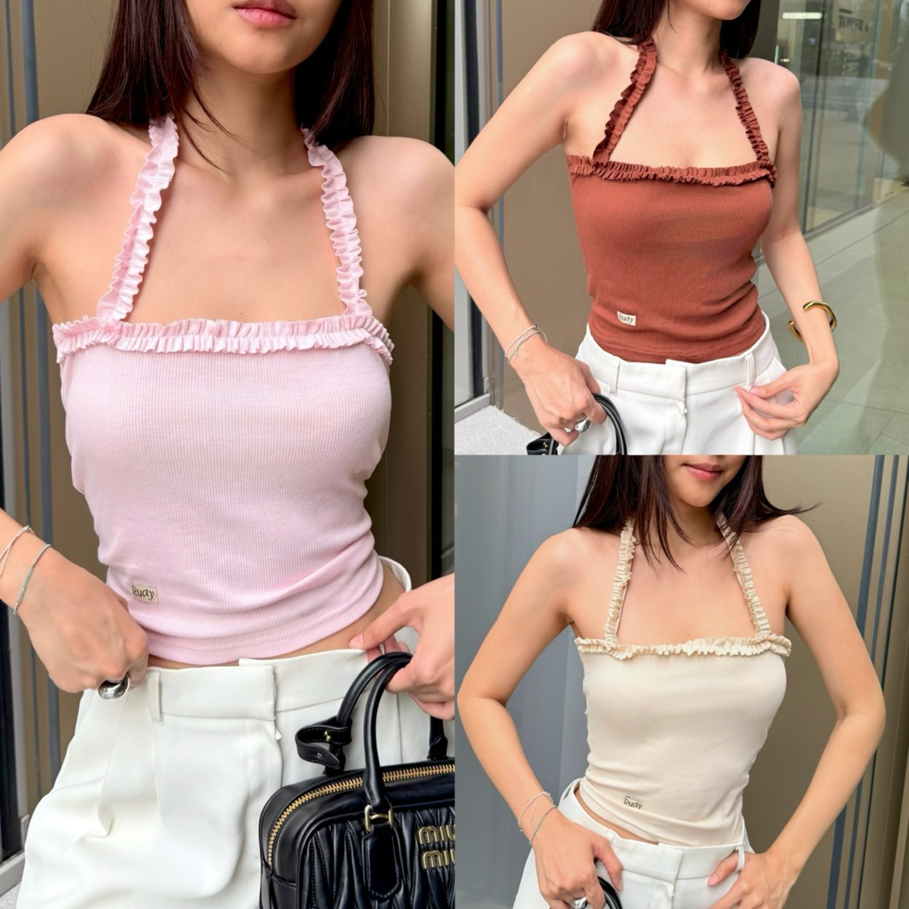 RUDY - LULU PUFF💞เสื้อคล้องคอดีเทลระบายน่ารักมาก(Grey)