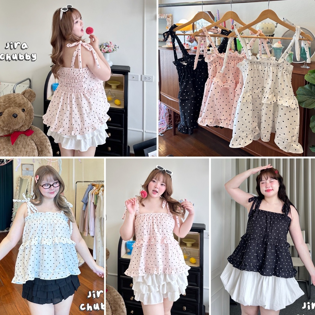 /JR/ เสื้อสายเดี่ยวลายจุด สายผูกปรับระดับได้ แต่งระบาย น่ารักมาก #เสื้อผ้าไซส์ใหญ่ สาว อ้วน พลัสไซส์