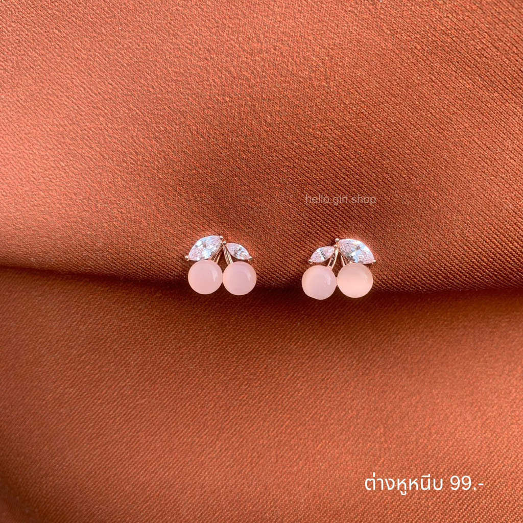 ( ต่างหูหนีบ ขดลวด ) ต่างหูเชอรี่ สีโรสโกลด์