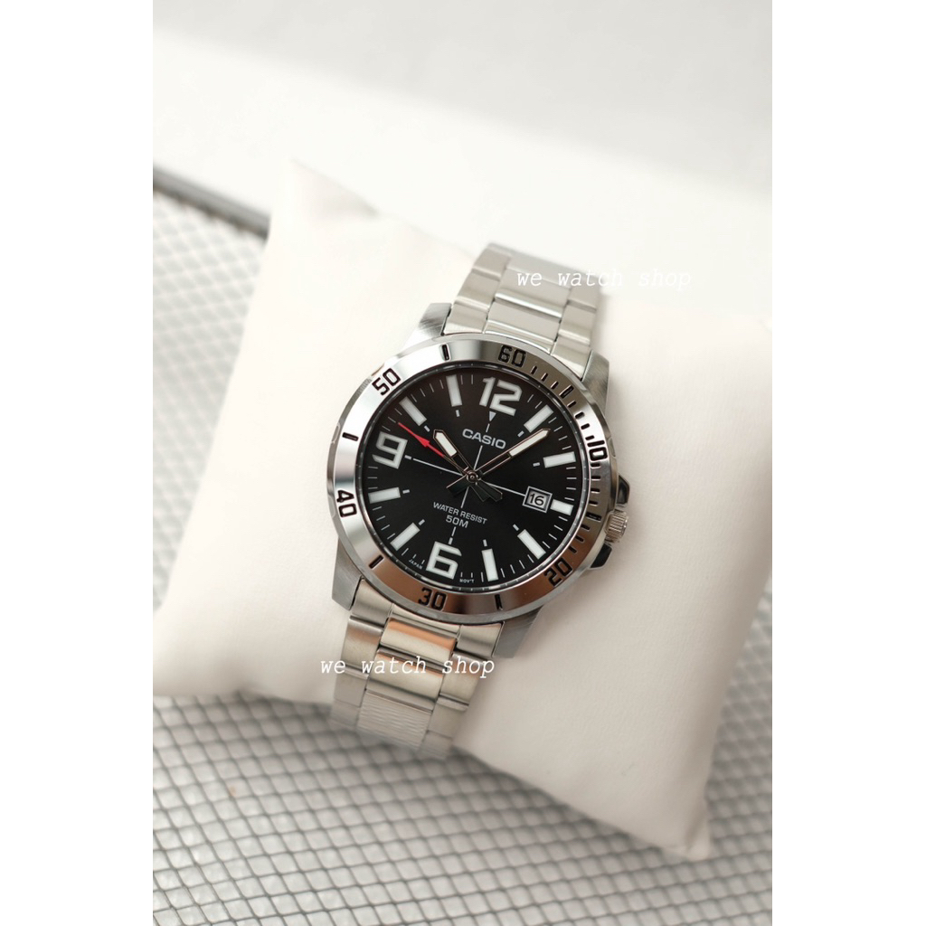 CASIO Standard รุ่น MTP-VD01D-1BUVDF สายสแตนเลส สีเงิน หน้าปัดดำ สินค้าใหม่ ของเเท้ รับประกันศูนย์ CMG