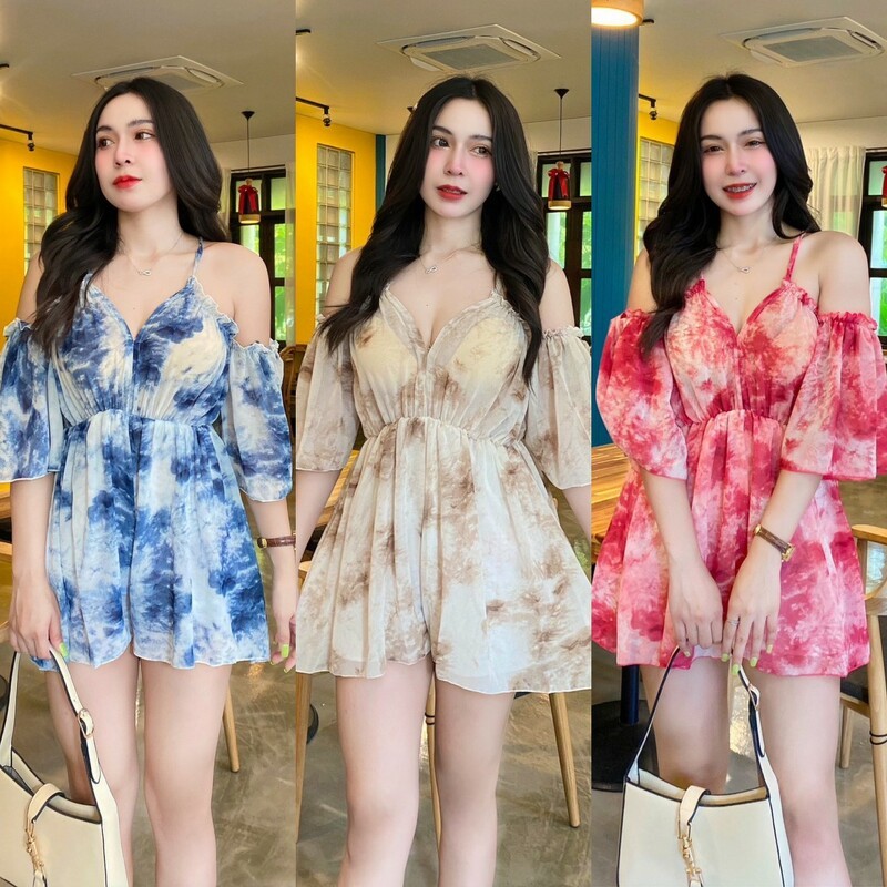 TT18928 Jumpsuit จั๊มสูทสายเดี่ยว เว้าไหล่ ขาสั้น